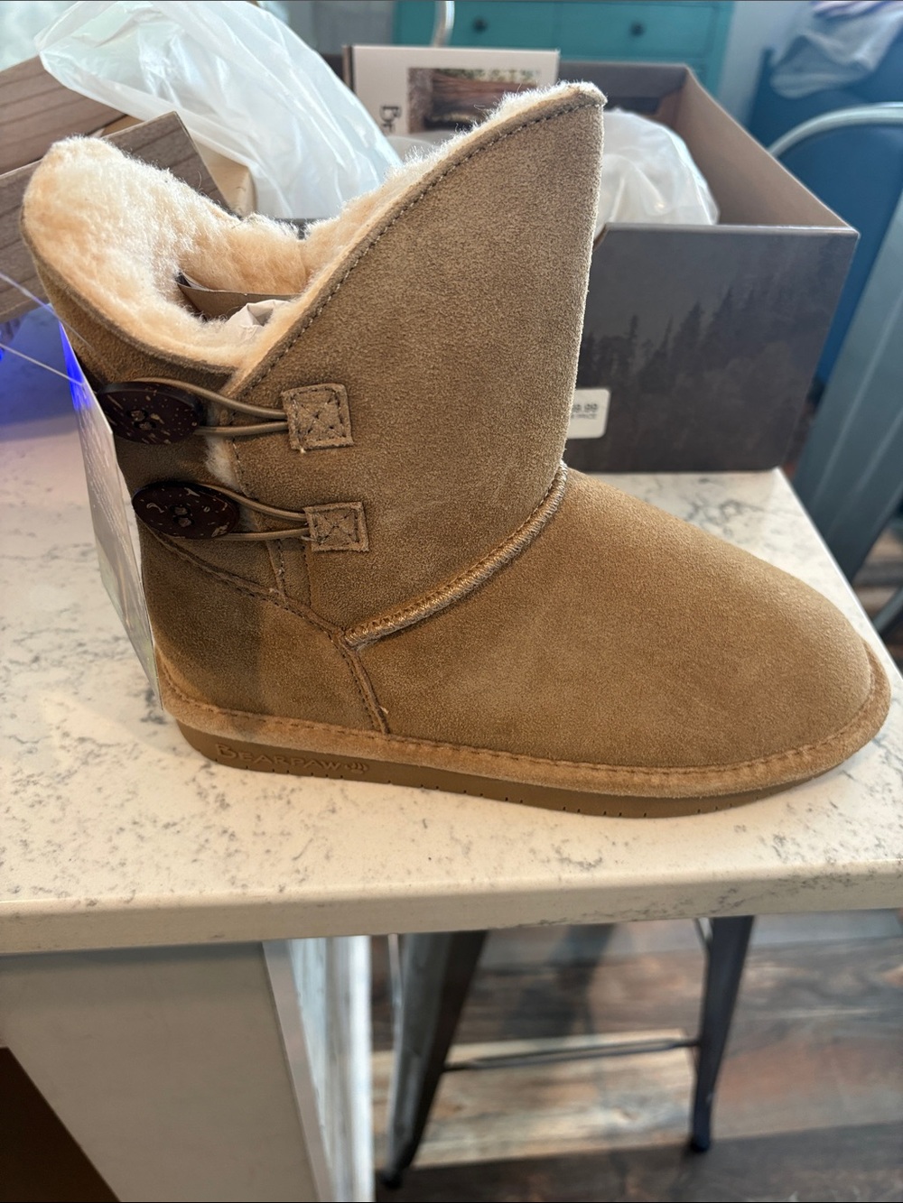 BearPaw Kids Suede Shearling Button Boot - Tan/Cream